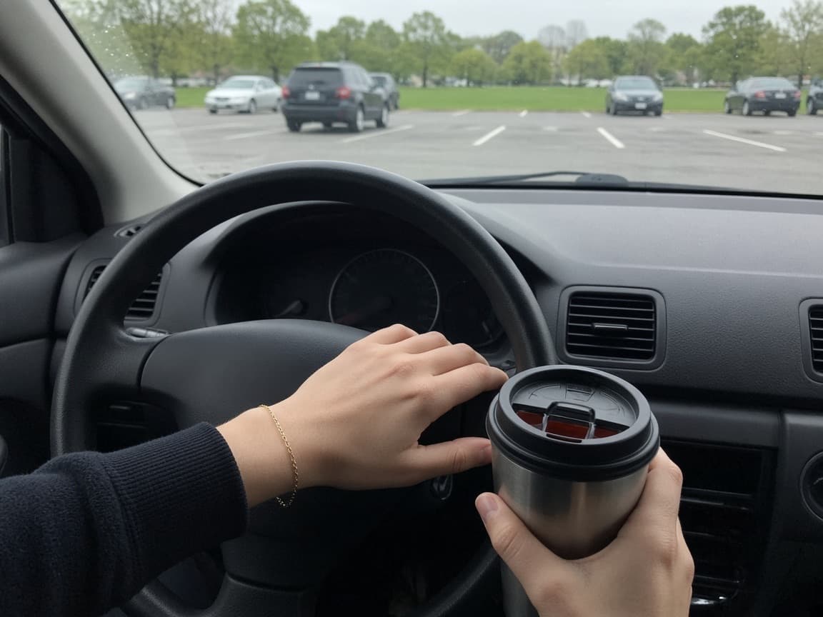 Hands on the steering wheel and a cup of tea in a parked car