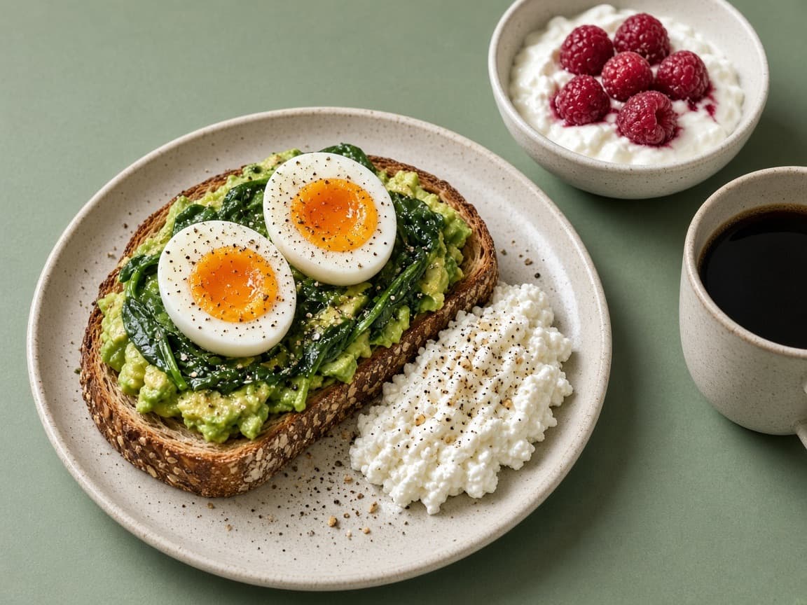 Eggs, spinach and avocado on toast with cottage cheese, yogurt and coffee