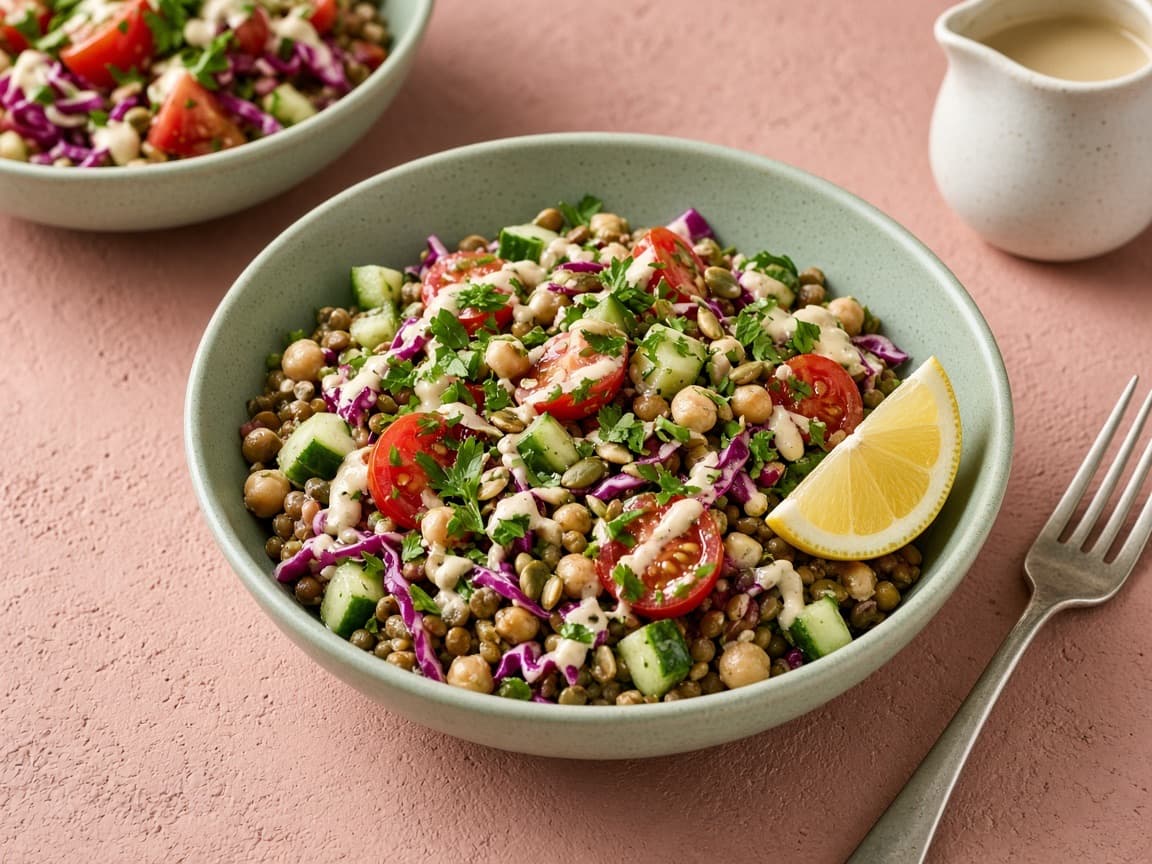 A bowl of lentil and chickpea salad with lemon and tahini