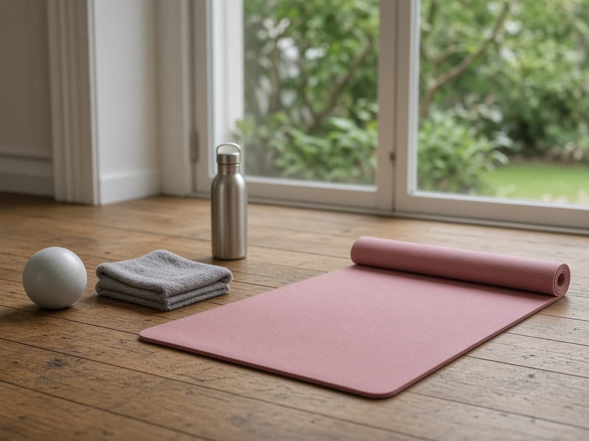 A pink Pilates mat, a small ball, a towel and a water bottle by the garden doors